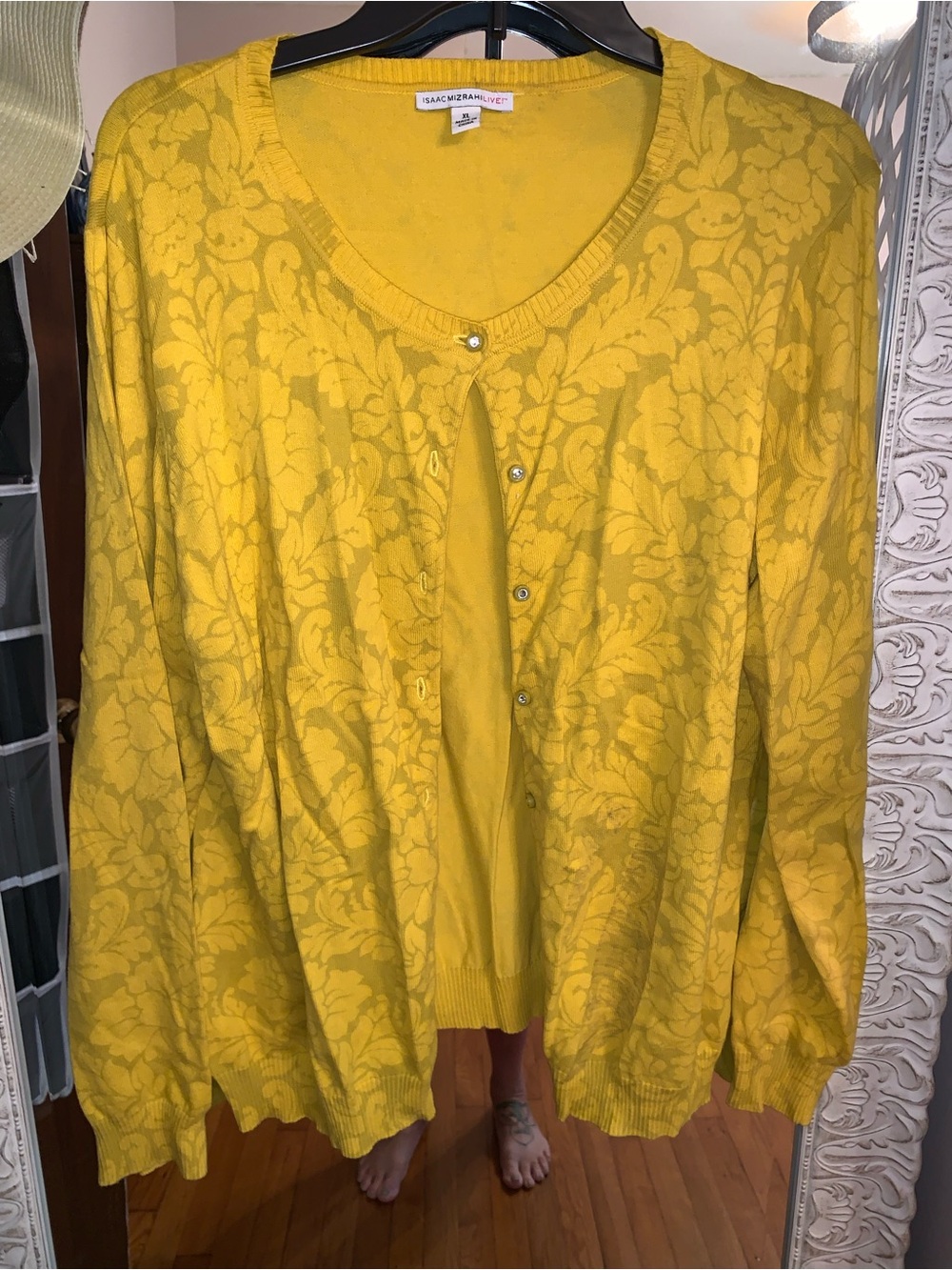 Isaac Mizrahi Yellow Floral Jacquard V-Neck Cardigan